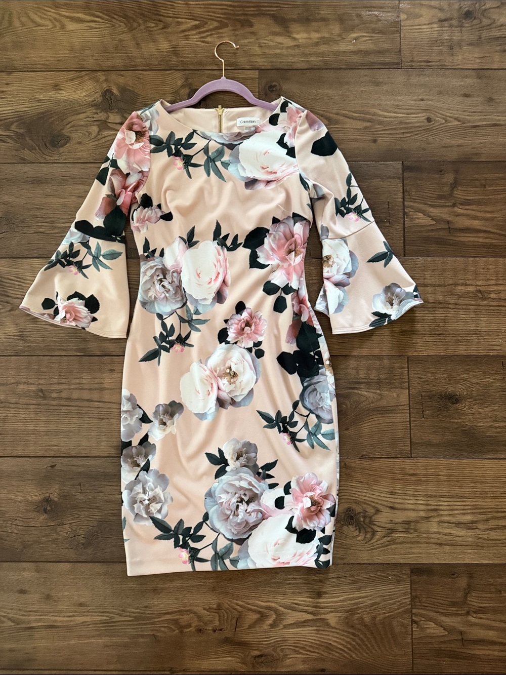Calvin Klein Blush Floral Bell-Sleeve Midi Dress